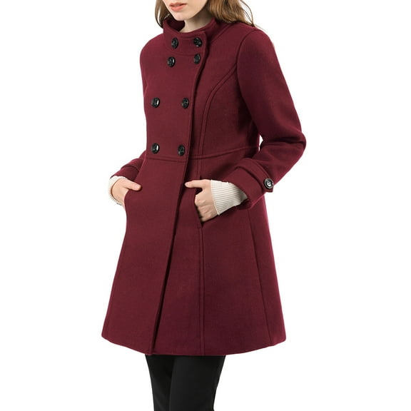 INSPIRE CHIC Women's Coat Double Breasted Midi Length Stand Collar Long Sleeve Coat M Burgundy