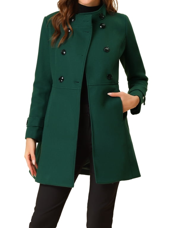 Women's Coat Double Breasted Midi Length Stand Collar Long Sleeve Coat L Green