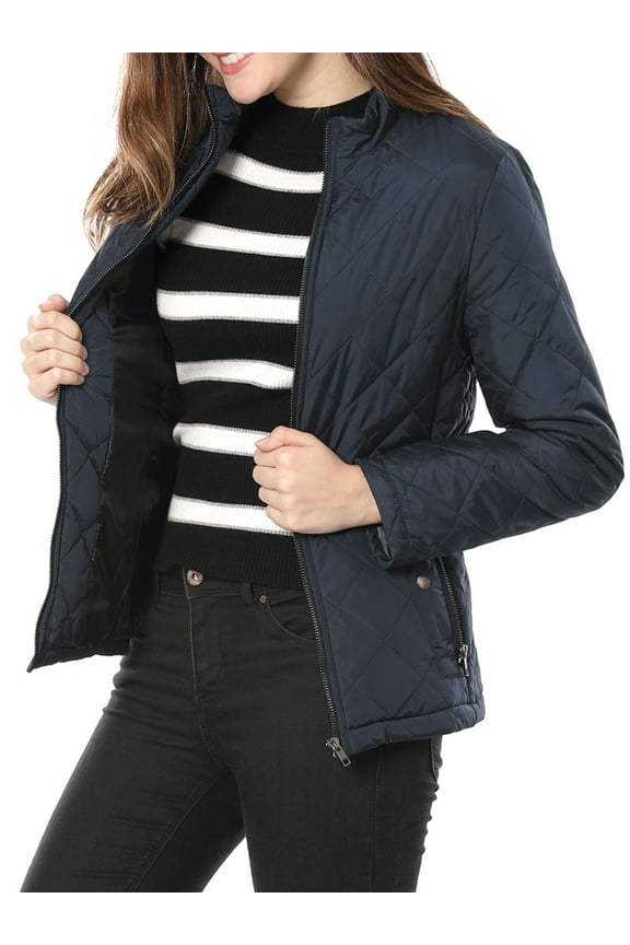 Women's Stand Collar Long Sleeves Zip Up Lightweight Quilted Jacket Blue XS