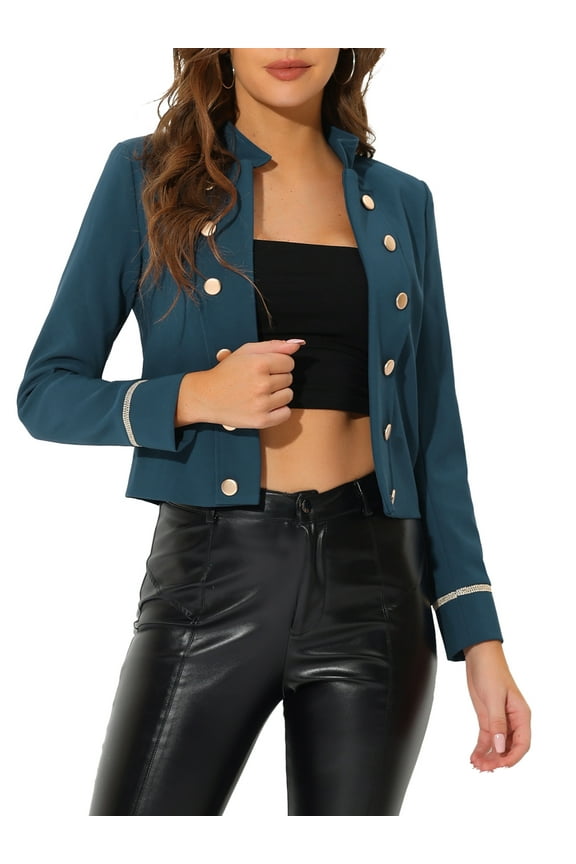 Women's Vintage Steampunk Jacket 1960s Open Front Button Decor Casual Jacket M Lake Blue
