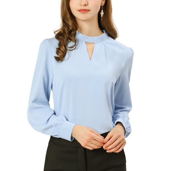 INSPIRE CHIC Women's Stand Collar Pleated Button Keyhole Button Blouse L Blue