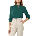 thumbnail image 1 of INSPIRE CHIC Women's Stand Collar Pleated Button Keyhole Button Blouse L Deep Green, 1 of 8