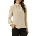 thumbnail image 1 of INSPIRE CHIC Women's Stand Collar Pleated Button Keyhole Button Blouse L Khaki, 1 of 6