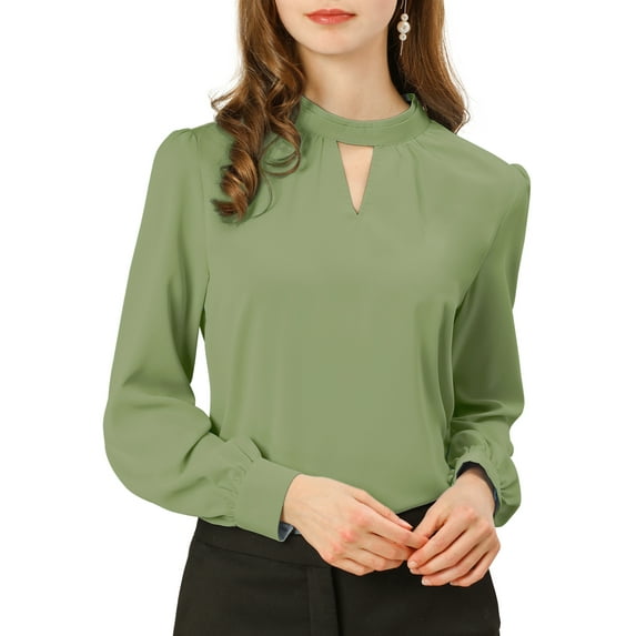 INSPIRE CHIC Women's Stand Collar Pleated Button Keyhole Button Blouse L Pea Green