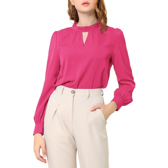 INSPIRE CHIC Women's Stand Collar Pleated Button Keyhole Button Blouse L Rose Red