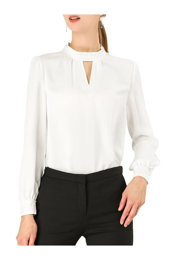 Women's Stand Collar Pleated Button Keyhole Button Blouse L White