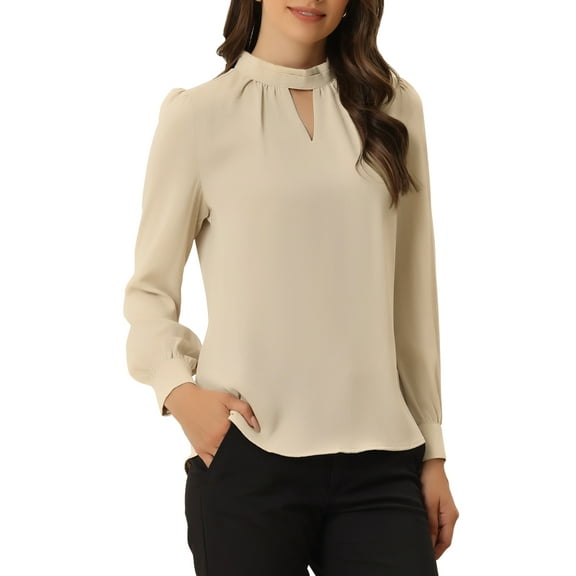 INSPIRE CHIC Women's Stand Collar Pleated Button Keyhole Button Blouse M Khaki