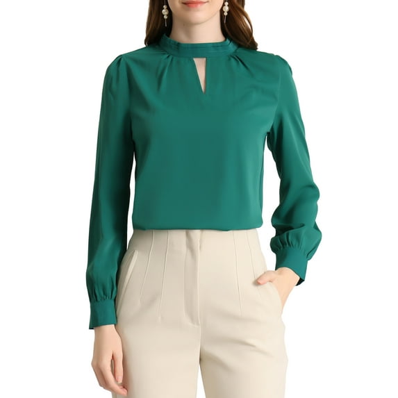 INSPIRE CHIC Women's Stand Collar Pleated Button Keyhole Button Blouse M Lake Blue