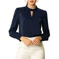 thumbnail image 1 of INSPIRE CHIC Women's Stand Collar Pleated Button Keyhole Button Blouse M Navy Blue, 1 of 8