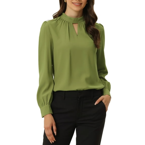 INSPIRE CHIC Women's Stand Collar Pleated Button Keyhole Button Blouse S Avocado Green