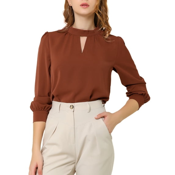 INSPIRE CHIC Women's Stand Collar Pleated Button Keyhole Button Blouse XL Brown