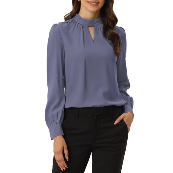 INSPIRE CHIC Women's Stand Collar Pleated Button Keyhole Button Blouse XS Grey White