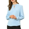 thumbnail image 1 of INSPIRE CHIC Women's Stand Collar Pleated Button Keyhole Button Blouse XS Light Blue, 1 of 8