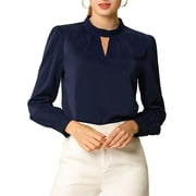 INSPIRE CHIC Women's Stand Collar Pleated Button Keyhole Button Blouse XS Navy Blue