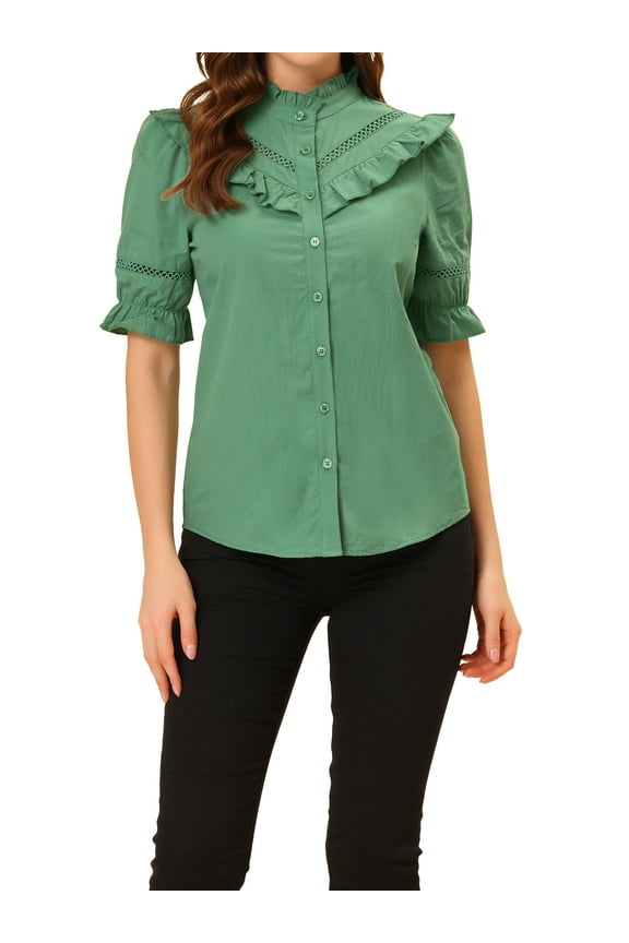 Women's Stand Collar Short Sleeve Button Down Ruffle Neck Blouse Top