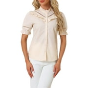 INSPIRE CHIC Women's Stand Collar Short Sleeve Button Down Ruffle Neck Blouse Top
