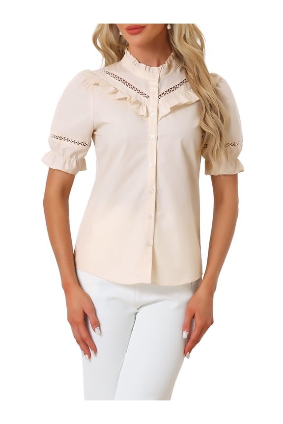Women's Stand Collar Short Sleeve Button Down Ruffle Neck Blouse Top S Beige