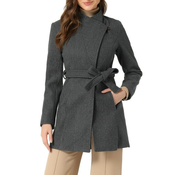 INSPIRE CHIC Women's Classic Stand Collar Long Sleeve Winter Belted Long Coat S Dark Gray
