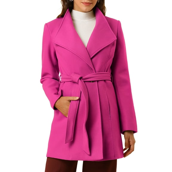 INSPIRE CHIC Women's Classic Stand Collar Long Sleeve Winter Belted Long Coat L Fuchsia