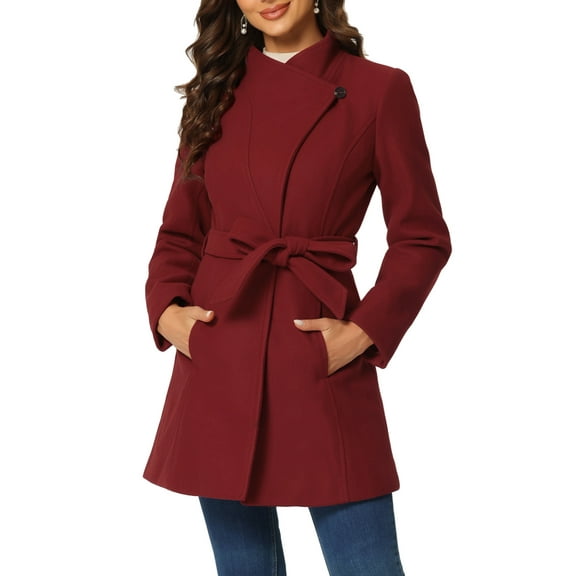 INSPIRE CHIC Women's Classic Stand Collar Long Sleeve Winter Belted Long Coat XS Dark Red