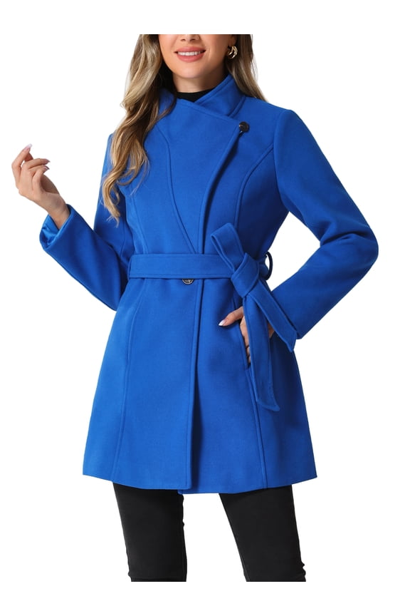 Women's Classic Stand Collar Long Sleeve Winter Belted Long Coat XS Blue