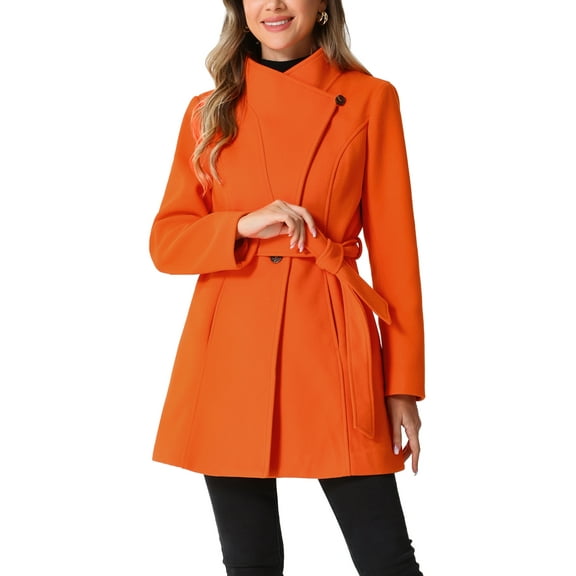 INSPIRE CHIC Women's Classic Stand Collar Long Sleeve Winter Belted Long Coat L Orange