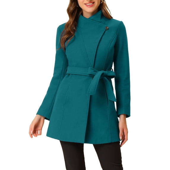 INSPIRE CHIC Women's Classic Stand Collar Long Sleeve Winter Belted Long Coat S Dark Lake Blue