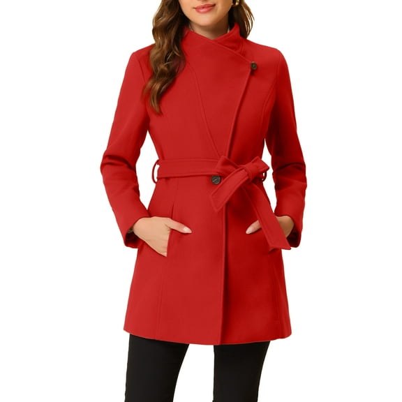 INSPIRE CHIC Women's Classic Stand Collar Long Sleeve Winter Belted Long Coat XS Red