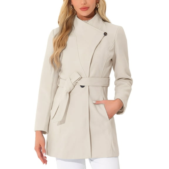 INSPIRE CHIC Women's Classic Stand Collar Long Sleeve Winter Belted Long Coat XS Beige