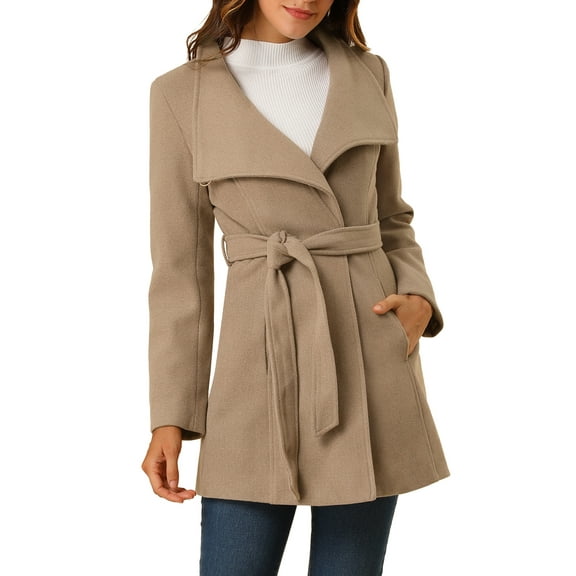 INSPIRE CHIC Women's Classic Stand Collar Long Sleeve Winter Belted Long Coat M Light Brown
