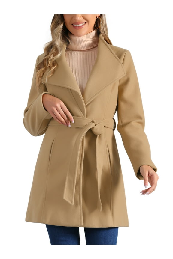 Women's Classic Stand Collar Long Sleeve Winter Belted Long Coat XS Khaki