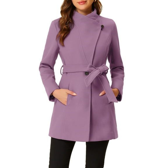 INSPIRE CHIC Women's Classic Stand Collar Long Sleeve Winter Belted Long Coat L Light Purple