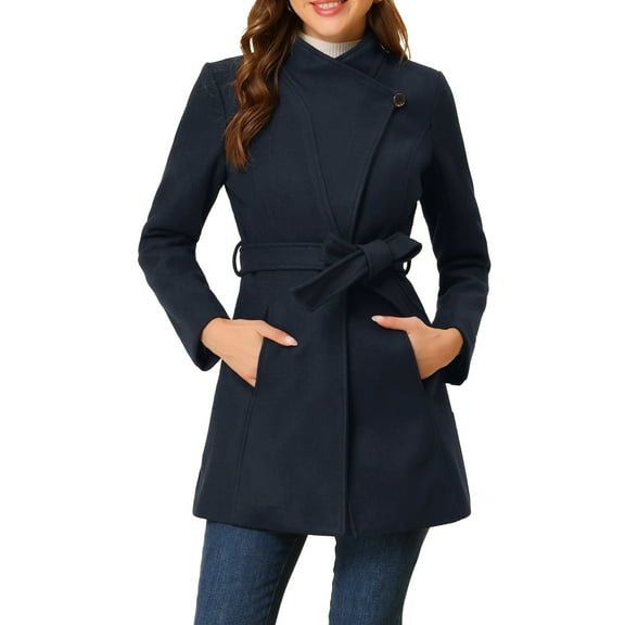 INSPIRE CHIC Women's Classic Stand Collar Long Sleeve Winter Belted Long Coat L Dark Blue