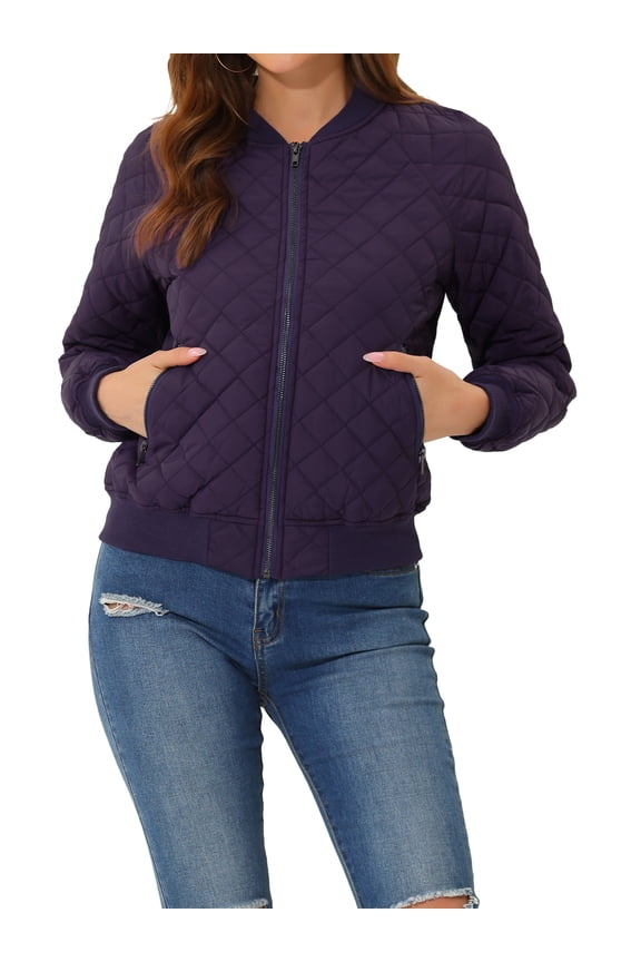 Women's Stand Collar Zip Up Raglan Sleeves Bomber Quilted Jacket XS Dark Purple