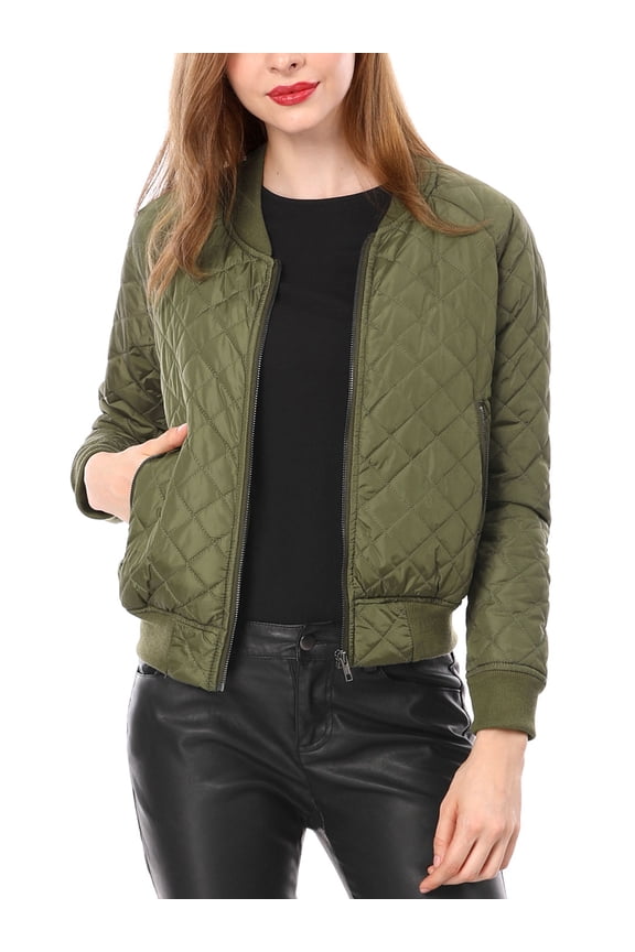 Women's Stand Collar Zip Up Raglan Sleeves Bomber Quilted Jacket XL Green