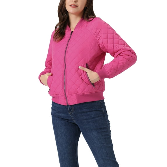 INSPIRE CHIC Women's Stand Collar Zip Up Raglan Sleeves Bomber Quilted Jacket XS Hot Pink