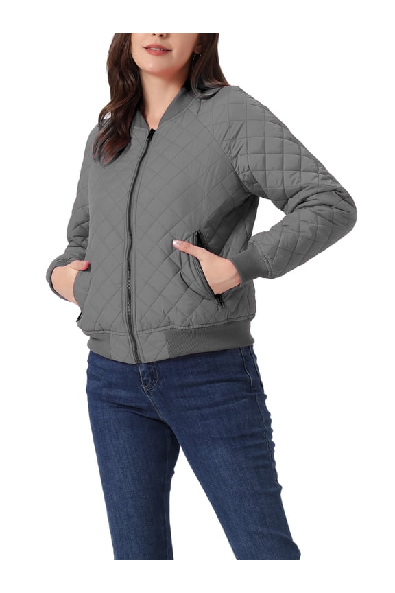 Women's Stand Collar Zip Up Raglan Sleeves Bomber Quilted Jacket XL Dark Gray