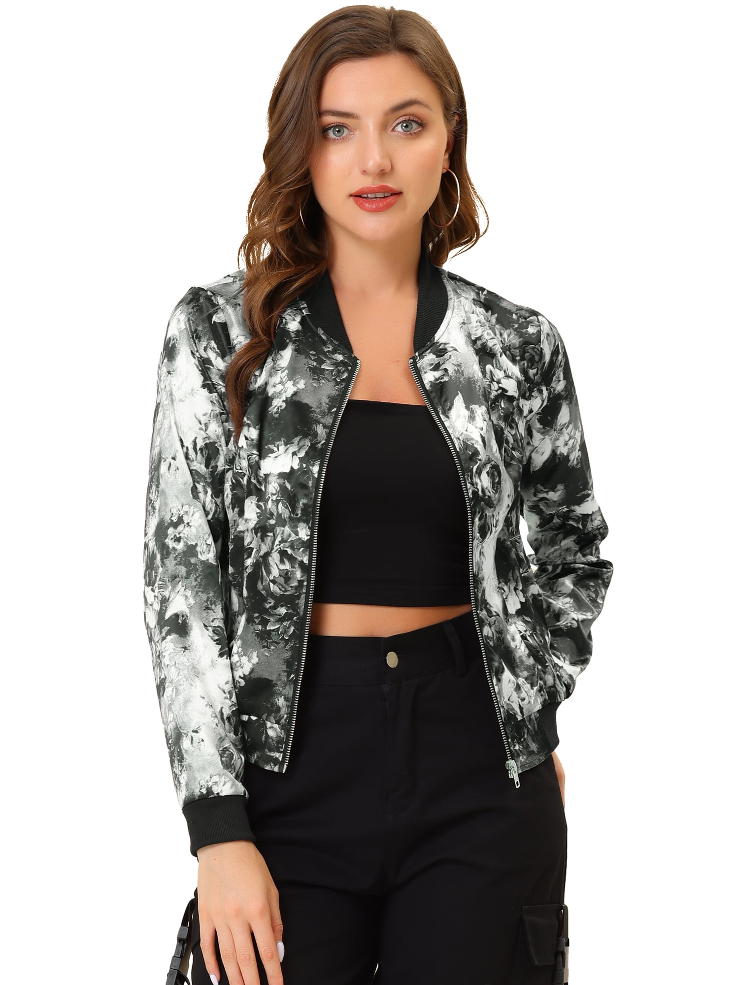 Women's Cropped Bomber Jacket with Long Sleeves and Zip Front