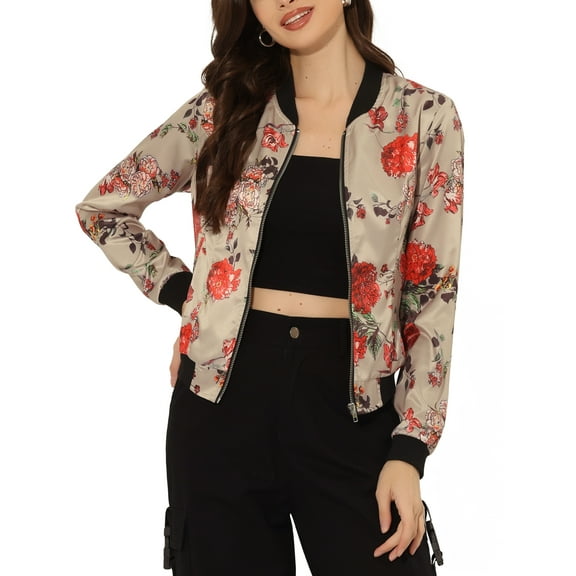 INSPIRE CHIC Women's Bomber Jacket Slim Fit Lightweight Zip Up Jacket L Khaki