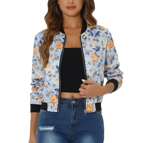 INSPIRE CHIC Women's Bomber Jacket Slim Fit Lightweight Zip Up Jacket XS Sky Blue