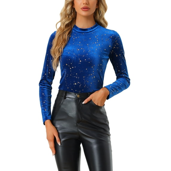 INSPIRE CHIC Women's Star Print Round Neck Long Sleeve Velvet Blouses L Blue