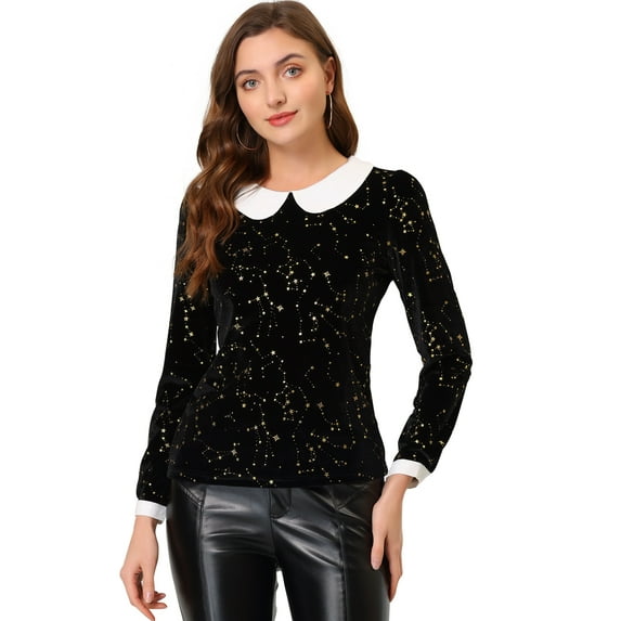 Allegra K Women's Stars Print Elegant Peter Pan Collar Velvet Blouse