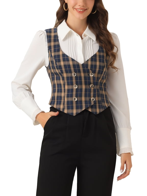 Women's Steampunk Vest Suit Racerback Vintage Plaid Waistcoat S Dark Blue