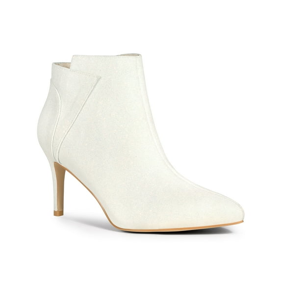 BLISSFUL STEP Women's Stiletto Heels Glitter Pointed Toe Ankle Boots Zipper Booties Bling White 8