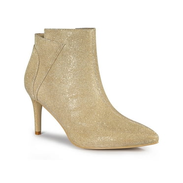 Allegra K Women's Stiletto Heels Glitter Pointed Toe Ankle Boots Zipper Booties Gold 8