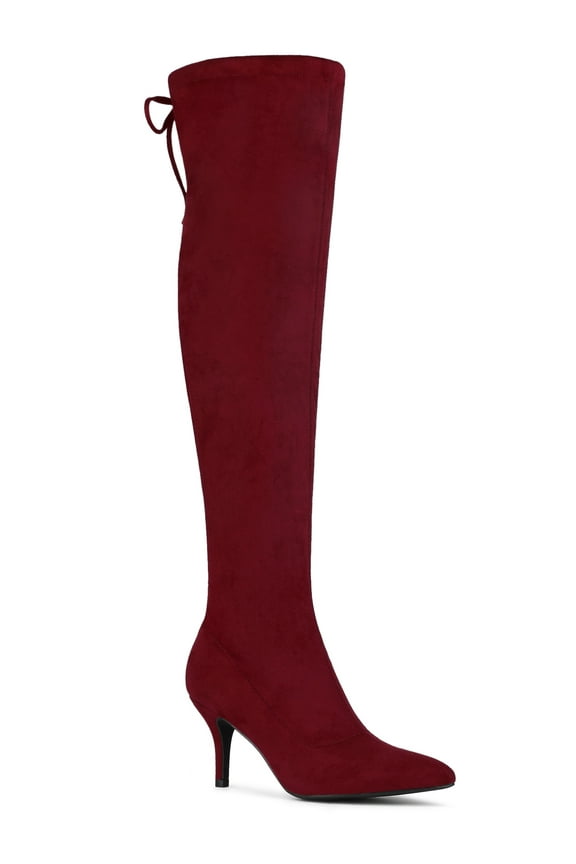 Women's Over Knee High Boots Stiletto Heels Pointed Toe Faux Suede Boots Burgundy 11