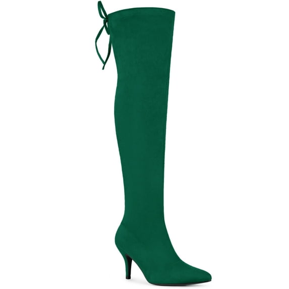 BLISSFUL STEP Women's Over Knee High Boots Stiletto Heels Pointed Toe Faux Suede Boots Green 8