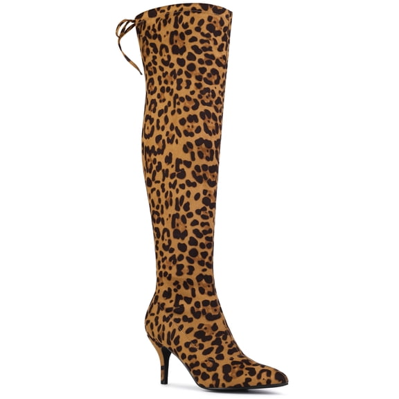 BLISSFUL STEP Women's Over Knee High Boots Stiletto Heels Pointed Toe Faux Suede Boots Leopard 8