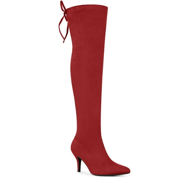 BLISSFUL STEP Women's Over Knee High Boots Stiletto Heels Pointed Toe Faux Suede Boots Red 7