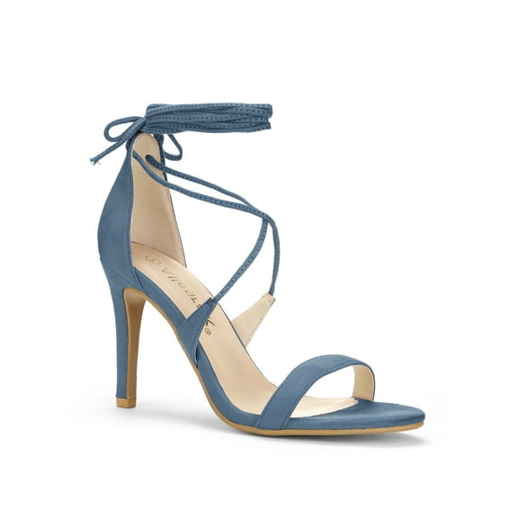 BLISSFUL STEP Women's Shoes Stiletto High Heel Ankle Wrap Tie Open Toe Faux Suede Sandals Haze Blue 7